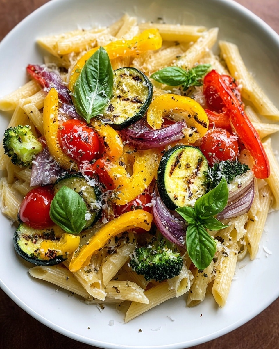 A white round plate holds a colorful pasta dish with three main layers. The bottom layer is light cream-colored penne pasta, cooked and spread evenly across the plate. On top of this, there is a mix of sautéed vegetables including bright yellow and red bell pepper slices, green zucchini rounds with grill marks, and deep purple onion slices. Small red cherry tomatoes and a few broccoli florets add pops of color among the vegetables. The whole dish is sprinkled with grated white cheese and dried herbs, and fresh green basil leaves are placed on top for a fresh finish. The photo is taken with an iphone --ar 4:5 --v 7
