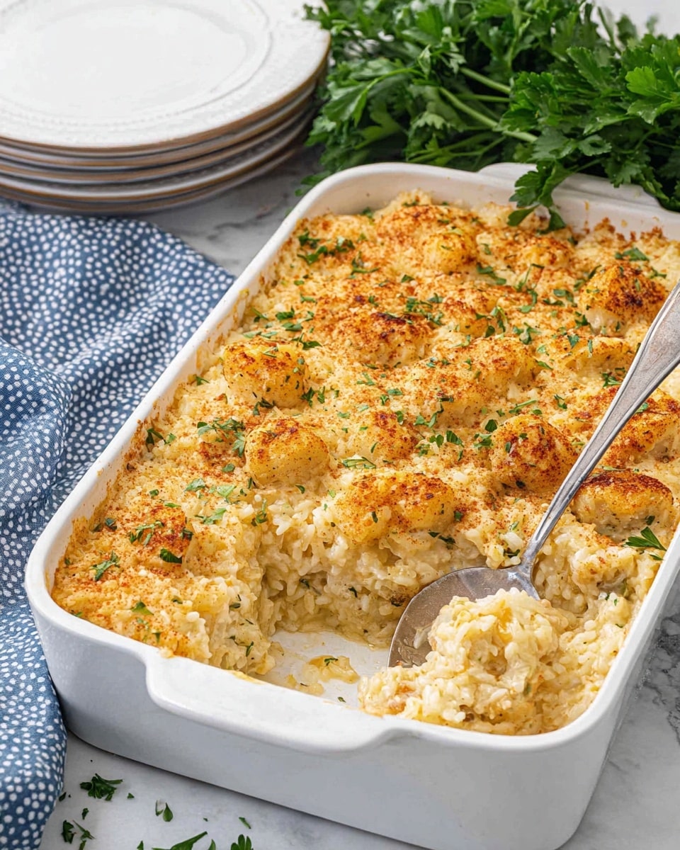 A white rectangular baking dish filled with a creamy baked potato and rice casserole, showing two layers: the bottom layer made of moist, slightly golden rice mixed with a creamy sauce, and the top layer featuring chunks of golden-brown baked potato pieces sprinkled with small green herb bits and a light dusting of paprika or seasoning, giving a slightly crispy texture. A large silver spoon rests inside the dish on the right side, with some of the casserole scooped out, revealing the soft inside layers. The dish sits on a white marbled surface, near fresh green parsley leaves with a stack of white plates and a folded blue polka dot cloth in the background. Photo taken with an iphone --ar 4:5 --v 7