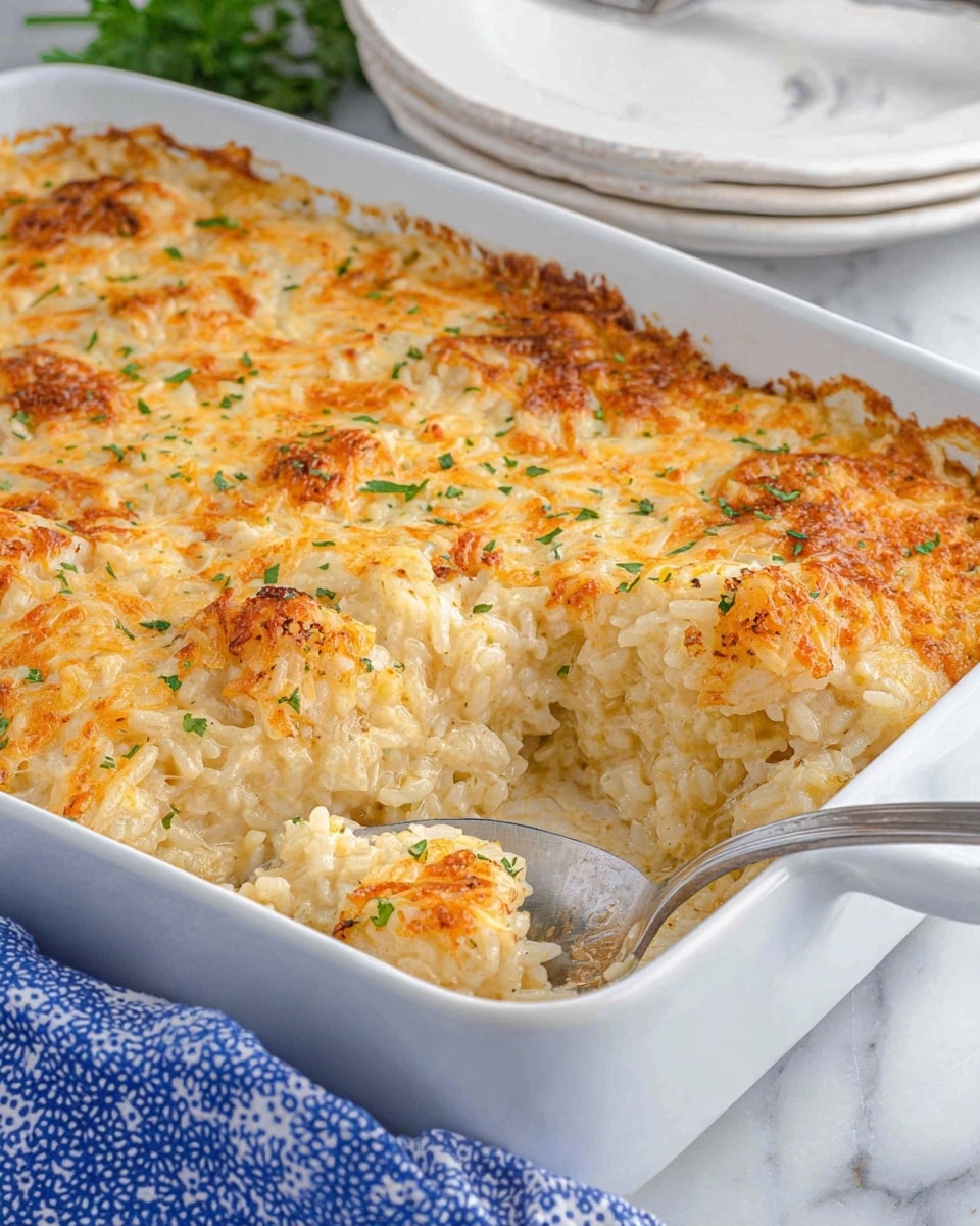 A white rectangular baking dish holds a creamy baked rice casserole with a golden brown top layer featuring melted cheese sprinkled with small bits of green herbs. The top layer has patches of light orange color from toasted cheese or seasoning. Underneath, the rice looks soft and creamy with a light beige color. A silver spoon is partially inside the dish, resting near the bottom right corner, showing the soft texture of the casserole inside. The dish is placed on a white marbled surface. Nearby, a stack of white plates and a blue cloth with white dots can be seen blurred in the background. photo taken with an iphone --ar 4:5 --v 7