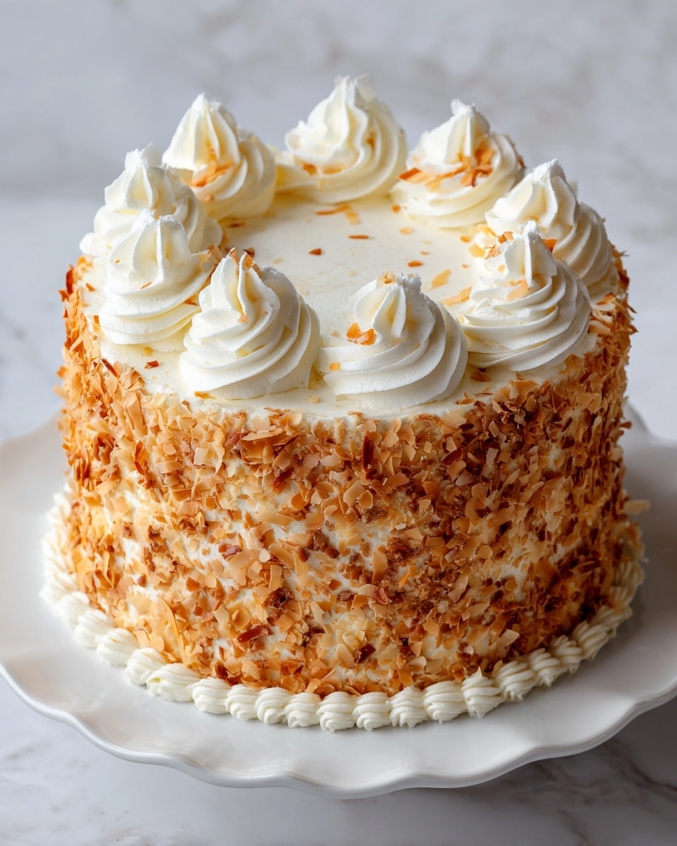 A tall, round cake with two thick layers of light beige sponge filled with a creamy white frosting that has small bits of nuts mixed in. The outside is fully covered with white frosting and toasted coconut shreds that add a rough texture and light brown color. On top, there are several large swirls of smooth white frosting spaced evenly around the edge. The cake is placed on a white plate with a scalloped edge, set on a white marbled surface. photo taken with an iphone --ar 4:5 --v 7
