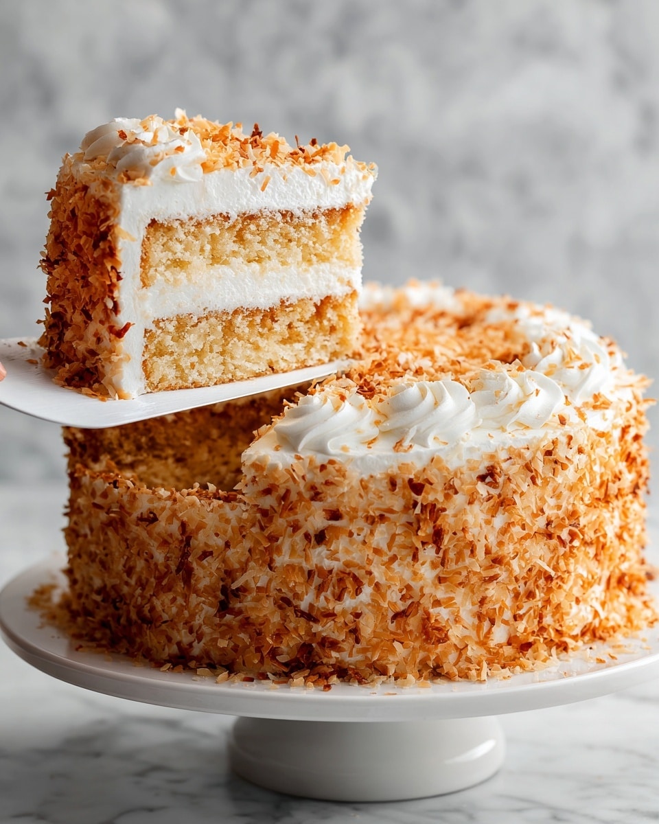 The image shows a three-layer round cake covered with smooth white frosting on top and around the edges. The outside sides of the cake are thickly coated with toasted, golden-brown coconut flakes, giving it a textured and slightly rough look. One slice of the cake is being lifted with a white spatula, revealing the creamy, light-colored inside layers and the even coconut coating on the side. The cake stands on a white cake stand against a white marbled surface. photo taken with an iphone --ar 4:5 --v 7