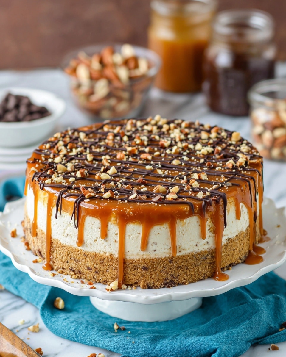 A round, three-layer cake sits on a white scalloped plate over a blue cloth on a white marbled surface. The bottom layer is thick and crumbly with a light brown cookie or cake texture. The middle layer is a creamy white, smooth and firm, topped with a glossy caramel layer that drips slightly down the sides. The cake is decorated with dark chocolate drizzle in a crisscross pattern on top and sprinkled evenly with chopped nuts, some spilling onto the plate. In the background, blurred jars and bowls hold additional nuts and chocolate chips. Photo taken with an iphone --ar 4:5 --v 7