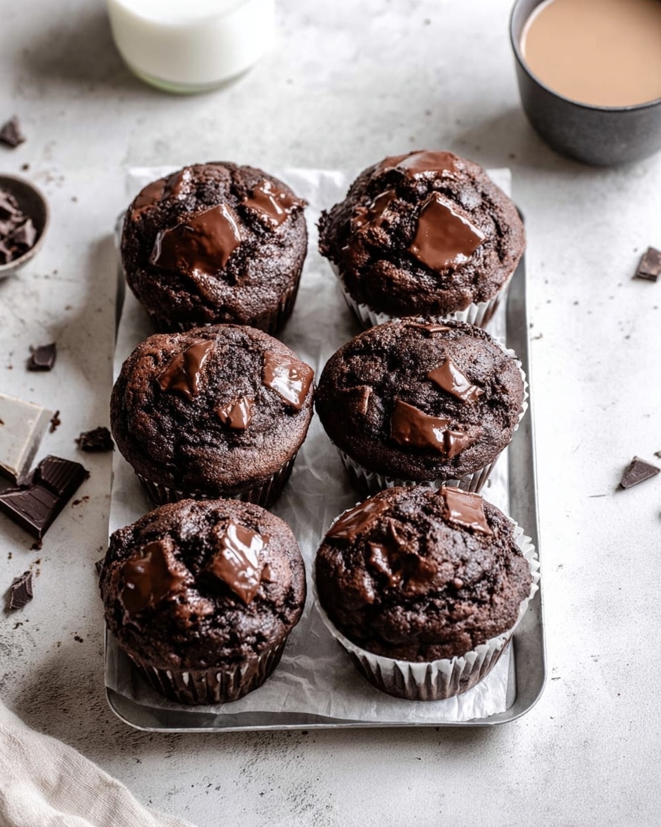 Six chocolate muffins are placed on a small metal tray lined with white parchment paper, arranged in two rows of three. Each muffin has a rich dark brown color, a slightly rough texture, and large chunks of melted chocolate on top, making the surface look soft and gooey. The muffins sit on a white marbled textured surface scattered with small pieces of broken chocolate. In the background, there is a glass of white milk and a dark cup with a light brown drink in it. Photo taken with an iphone --ar 4:5 --v 7