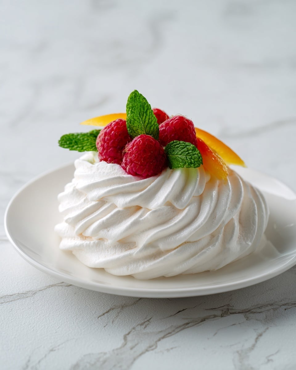 The image shows a white, swirled meringue dessert with a smooth but slightly textured surface on a white plate. On top, there are three red raspberries, a strip of bright orange fruit, and two green mint leaves, all arranged neatly at the center. The dessert appears light and airy with delicate peaks and a shiny finish. The background has a soft, white marbled texture. photo taken with an iphone --ar 4:5 --v 7