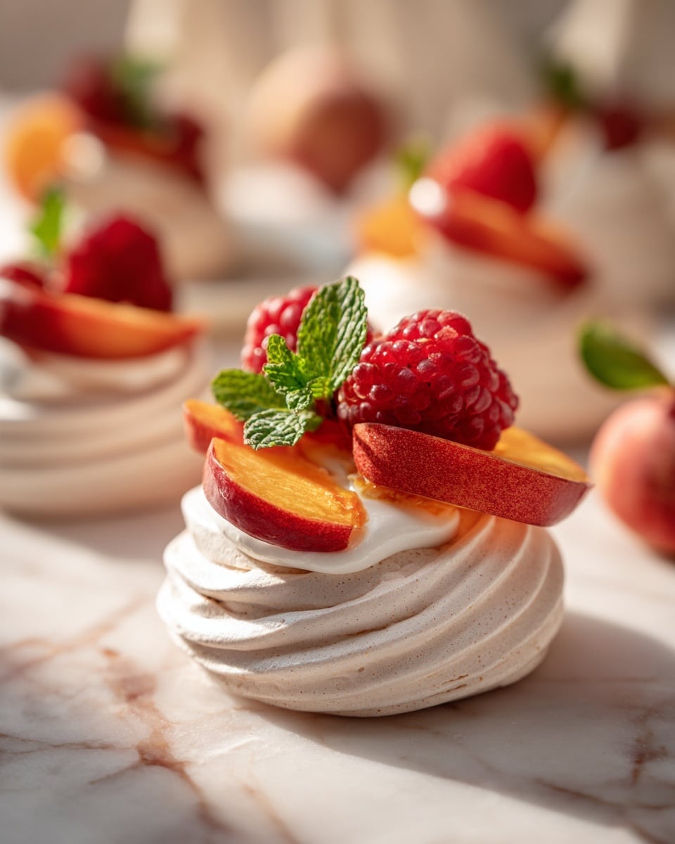 The image shows a small white meringue nest with a smooth and swirled texture forming the base layer. On top are thin slices of orange-red peach arranged flat, covered with a halved red strawberry showing its inside, two red raspberries, and a few bright green mint leaves for a fresh touch. In the background, more meringue nests with similar fruit decorations and a white marbled tabletop are visible. The scene has warm, natural lighting highlighting the fresh colors and delicate textures of the ingredients. photo taken with an iphone --ar 4:5 --v 7