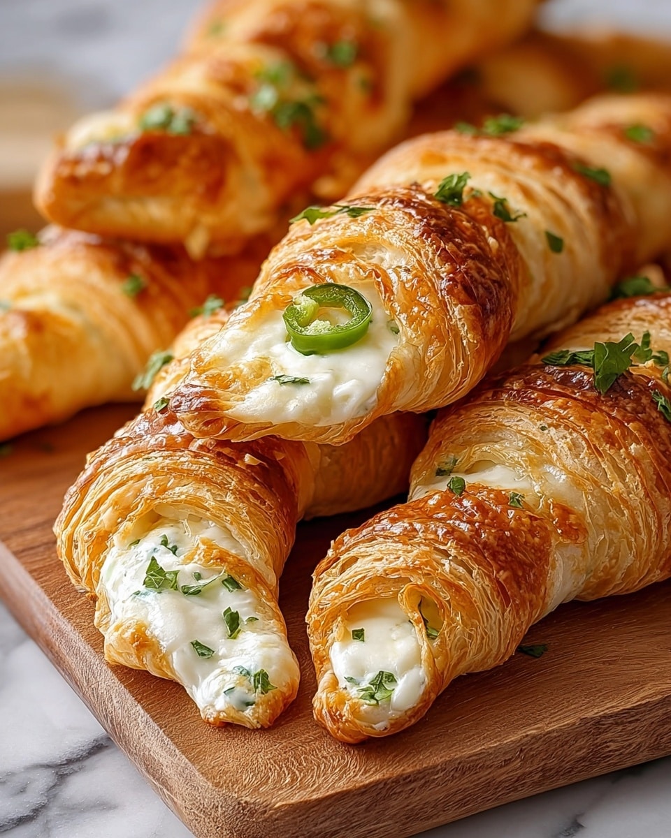 The image shows a close-up of several golden-brown croissant sticks arranged on a wooden board. Each croissant has flaky, crisp layers with a shiny, slightly bubbled surface. The croissants are cut open in the middle, revealing a creamy white cheese filling with slices of green chili and small pieces of chopped parsley sprinkled on top. The texture looks soft where the cheese is while the outer pastry is crunchy. The background has white marbled texture partly visible around the board. photo taken with an iphone --ar 4:5 --v 7
