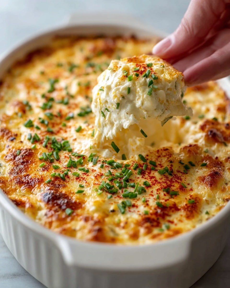 A white ceramic dish filled with a creamy, golden cheese dip that has a slightly browned, bubbly top layer. The surface is topped with bright green chopped chives scattered evenly, and a light dusting of red paprika adds a pop of color. A woman's hand is lifting a scoop of the thick, textured dip showing its soft, fluffy inside with visible bits of cheese and herbs mixed throughout. The dish sits on a white marbled surface that contrasts softly with the warm colors of the dip. photo taken with an iphone --ar 4:5 --v 7