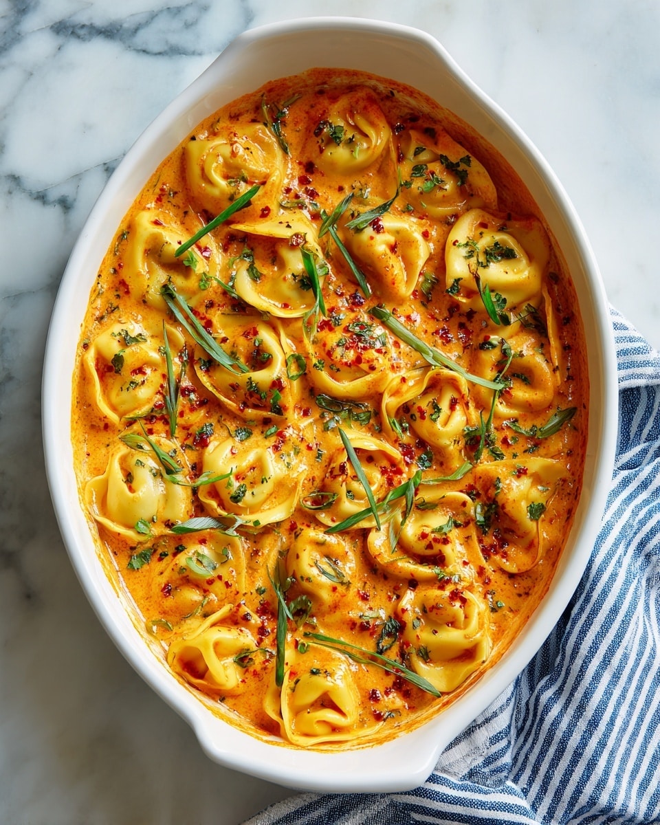A white oval baking dish filled with one layer of golden-yellow tortellini pasta, each piece arranged neatly and partly submerged in a thick, creamy orange-red sauce. The sauce has a smooth texture with visible specks of red chili flakes and finely chopped fresh green herbs scattered evenly across the surface. Thin slices of vibrant green scallions are sprinkled on top, adding contrast to the warm colors of the sauce and pasta. The edges of the tortellini are slightly curled and look tender, with some pieces showing more sauce pooling inside their folds. The dish rests on a white marbled surface, with a blue and white striped cloth partially visible nearby. photo taken with an iphone --ar 4:5 --v 7