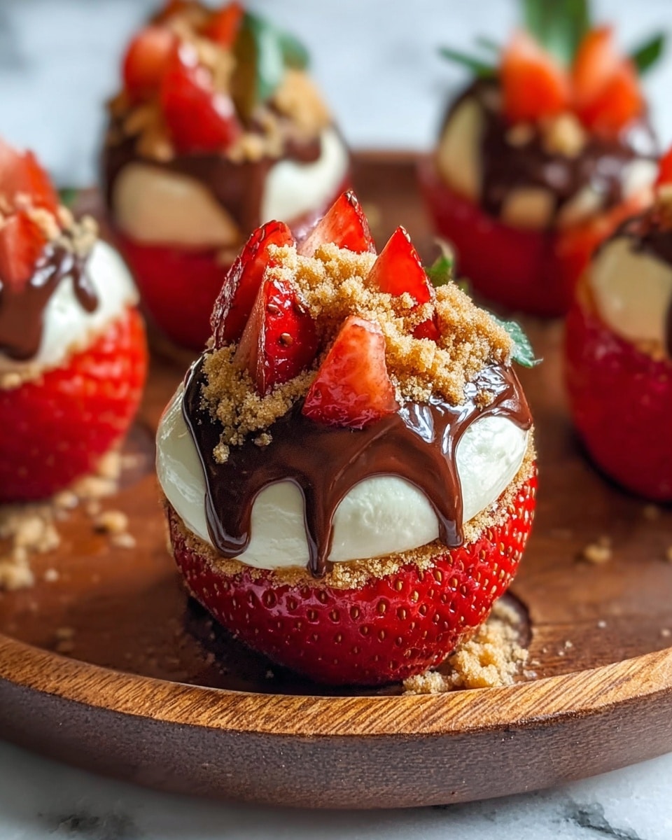 The image shows a close-up of a small dessert made from a hollowed-out red strawberry as the base layer. On top of the strawberry is a creamy white filling that looks smooth and thick, slightly overflowing the strawberry edge. Over the cream, there is a shiny, dark brown chocolate sauce drizzled, creating a glossy and slightly dripping effect. At the very top, small pieces of halved strawberries sit alongside a sprinkle of light brown crumbly topping that adds texture. The dessert is placed on a wooden round tray with more of the same strawberry treats blurred in the background, set against a white marbled textured surface. photo taken with an iphone --ar 4:5 --v 7