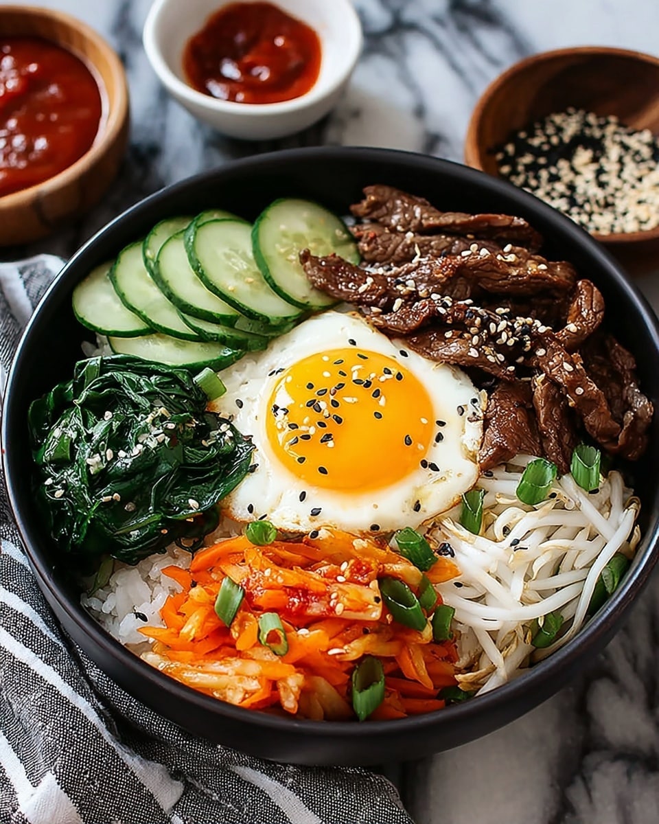 A black bowl filled with a layered mix of food sits on a white marbled surface with a striped cloth beneath it. The base layer is white rice topped with sliced green cucumbers. On top, there are separate sections of cooked brown beef strips, white noodles, bright green cooked spinach sprinkled with sesame seeds, and shredded orange carrots covered in a reddish-brown sauce with sesame seeds. In the center sits a sunny-side-up egg with a bright yellow yolk, garnished with black and white sesame seeds. In the background, there is a small white bowl with red sauce and a wooden bowl with black and white sesame seeds. Photo taken with an iphone --ar 4:5 --v 7