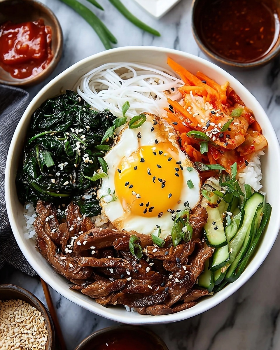 A white bowl filled with a colorful layered dish, starting with a base of white rice. On top, there are six visible layers arranged around a sunny-side-up egg with a bright yellow yolk in the center, sprinkled with black and white sesame seeds. To the left, there are browned, thin slices of cooked meat with a slightly glossy texture. Above the meat, white soft noodles are neatly piled. Above the egg, there is a layer of dark green cooked spinach with a slightly wilted texture, also sprinkled with sesame seeds. To the right, thin orange carrot strips covered with red sauce and white sesame seeds. Below the carrots, small sliced green cucumbers add a fresh look. This bowl is placed on a white marbled surface with some small bowls containing sauces and seeds nearby. Photo taken with an iphone --ar 4:5 --v 7
