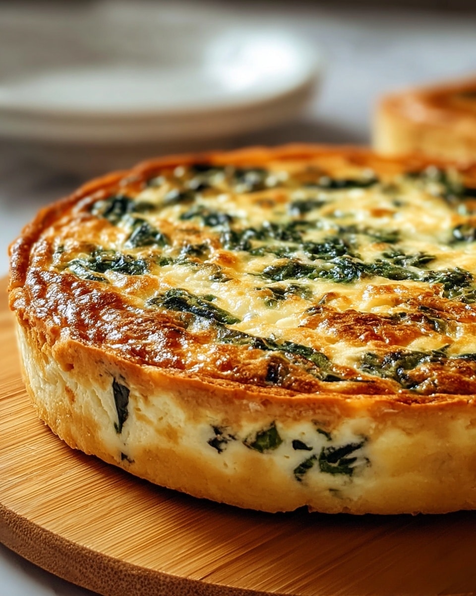 A thick round quiche with a golden brown top, showing melted cheese and green spinach pieces scattered throughout. The quiche has a creamy light yellow filling mixed with visible green spinach layers inside. The edges are slightly browned, and the texture looks soft and smooth with a firm crust. It sits on a wooden surface with a blurred plate in the back on a white marbled texture. photo taken with an iphone --ar 4:5 --v 7