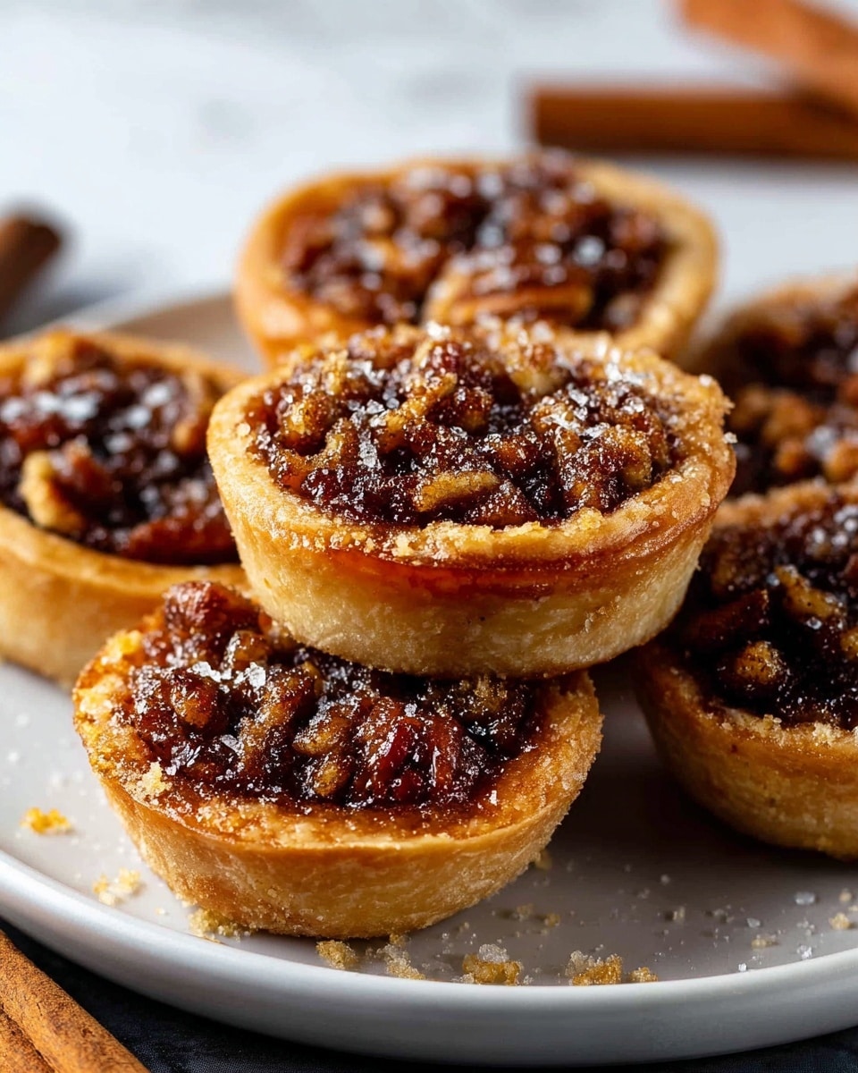 The image shows a close-up of mini pecan tarts stacked on a white plate. Each tart has a golden-brown crust as the base layer, with a rich, dark brown filling made of chopped pecans and sugary syrup that looks sticky and glossy. The tops of the tarts are sprinkled with coarse sugar crystals, adding a slightly rough texture. The background has a white marbled texture, and there is a cinnamon stick lying next to the plate. The tarts are slightly crumbly with bits of crust and sugar around them. photo taken with an iphone --ar 4:5 --v 7