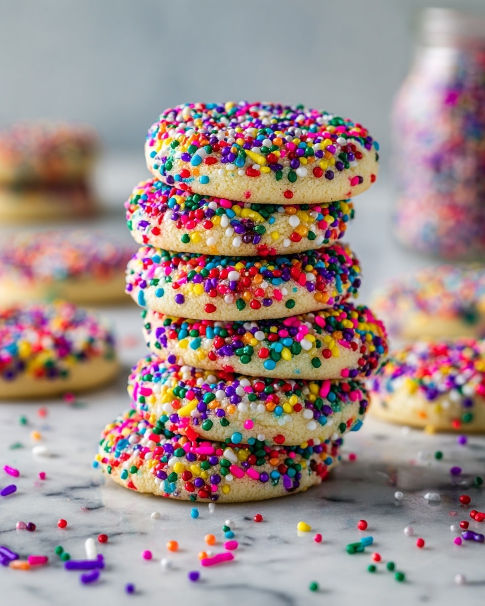 A close-up view of a stack of six round cookies, each thick and covered on the top and sides with colorful sprinkles in red, green, blue, yellow, purple, pink, and white. The cookies have a soft, slightly golden texture visible beneath the sprinkles. The stack sits on a white marbled surface with scattered sprinkles around it. In the blurred background, there are more cookies and a jar filled with sprinkles, adding to the colorful and festive feel. photo taken with an iphone --ar 4:5 --v 7