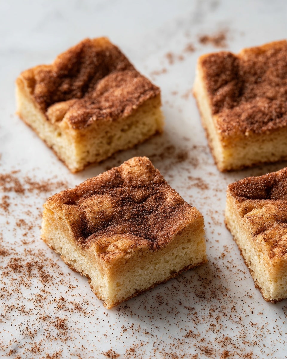 Five square pieces of cinnamon sugar cake are placed on a white marbled surface. Each piece has a soft, golden-brown base layer with a slightly crumbly texture and a thick top layer covered in a dusting of brown cinnamon and white sugar granules. The top layer looks slightly rough and grainy, with the cinnamon forming uneven patches that add depth. Cinnamon powder is lightly scattered around the cake pieces on the surface, enhancing the cozy and warm appearance of the scene. photo taken with an iphone --ar 4:5 --v 7