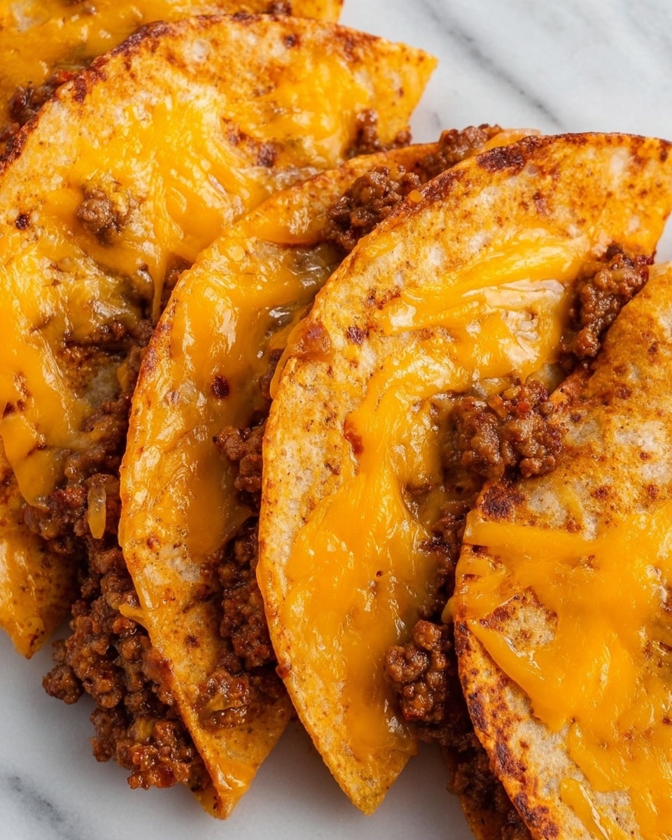 The image shows several folded tacos on a white marbled surface. Each taco has a crispy, golden-brown tortilla folded in half, filled with browned ground meat that has a slightly crumbly texture and small bits of seasoning visible. On top of the meat, a layer of melted bright orange cheddar cheese is spread evenly, shiny and smooth, with some cheese melted onto the edges of the tortilla. The tacos are closely placed together, showcasing their warm, savory look. Photo taken with an iphone --ar 4:5 --v 7