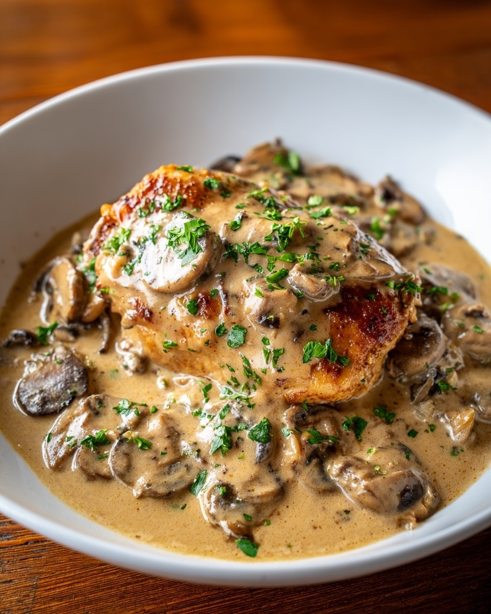 The image shows a white bowl holding a dish with one thick piece of browned chicken breast at the center. The chicken is covered with a creamy mushroom sauce, which is light brown and appears smooth with pieces of sliced mushrooms scattered throughout. The sauce pools around the chicken and fills the bottom of the bowl. Bright green chopped herbs are sprinkled on top of the sauce and chicken, adding a fresh contrast. The bowl is placed on a wooden surface. photo taken with an iphone --ar 4:5 --v 7