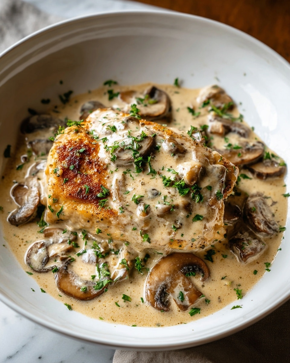 A white bowl holds a single browned chicken breast at the center, covered with a creamy, beige mushroom sauce. The sauce has visible slices of light and dark brown mushrooms around and under the chicken, giving it a textured look. Small green parsley pieces are sprinkled evenly on top of the chicken and sauce, adding a fresh contrast. The bowl is set on a white marbled surface which softly reflects some light. The overall scene looks warm and inviting with a focus on the rich textures of the chicken and sauce. Photo taken with an iphone --ar 4:5 --v 7