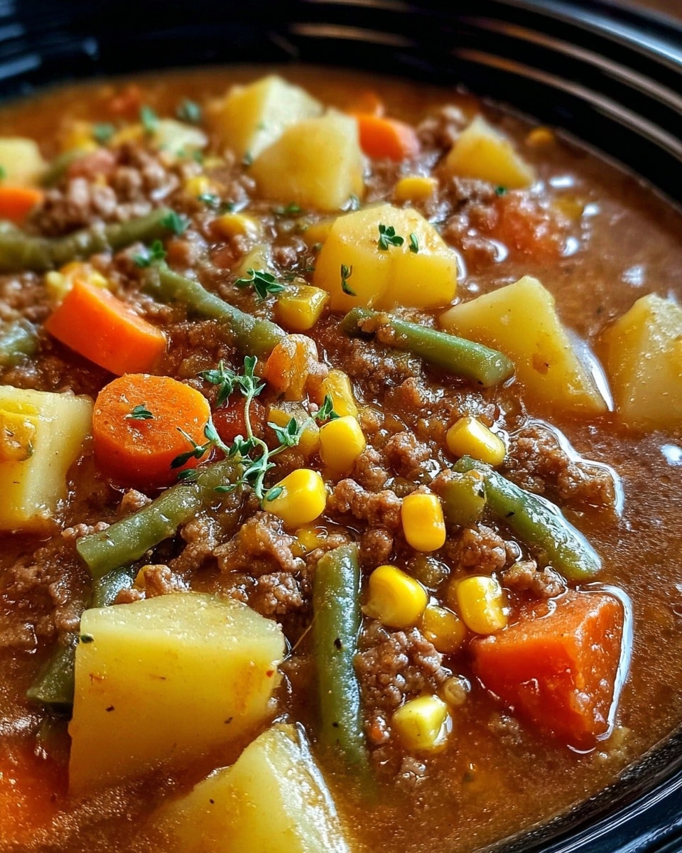 A close-up view of a hearty stew inside a black bowl, filled with chunky pieces of yellow potatoes, bright orange carrot cubes, green beans, golden corn kernels, and crumbled brown ground beef all mixed in a thick brown broth, garnished with small green herbs scattered over the top. photo taken with an iphone --ar 4:5 --v 7