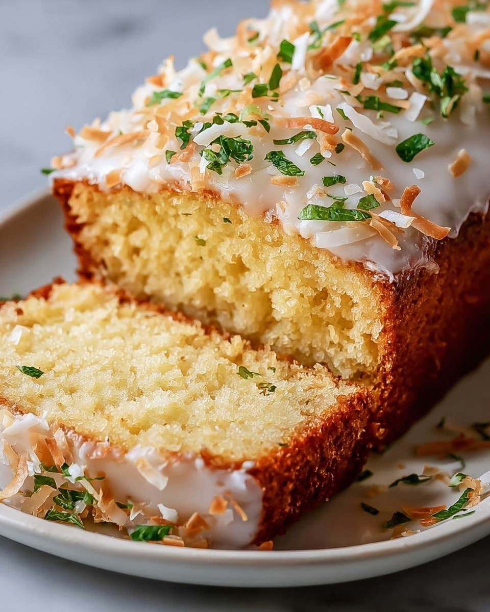 The image shows a close-up of a moist, golden-brown cake cut into two thick pieces placed on a white plate with a white marbled background. The cake has a soft, light yellow inside texture that looks fluffy and spongy. The top layer is covered with a smooth, white glaze which is sprinkled generously with toasted, shredded coconut flakes and small bits of fresh green herbs. The crust is darker and slightly crispy around the edges, giving a nice contrast to the soft inside. Photo taken with an iphone --ar 4:5 --v 7