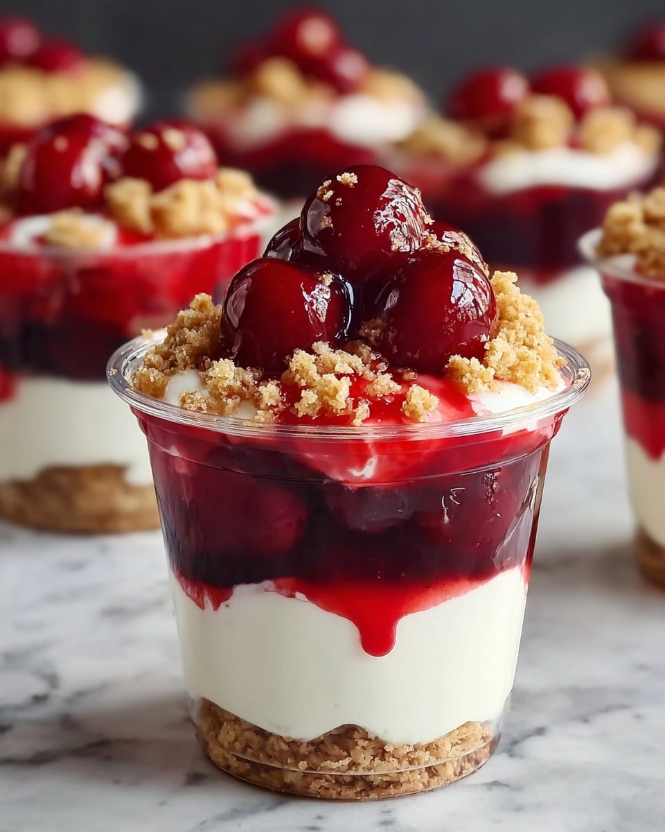 A clear plastic cup holds a dessert with three visible layers on a white marbled surface. The bottom layer is a thick, glossy, deep red cherry filling with whole cherries. Above it, a smooth, creamy white layer of whipped cream or yogurt forms the middle. The top layer consists of chunky light brown crumbly streusel, sprinkled over whole shiny cherries coated in a glossy red syrup that drips slightly down the side. More cups with the same dessert are blurred in the background. photo taken with an iphone --ar 4:5 --v 7