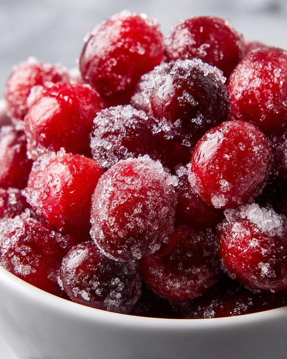 A close-up view of a white bowl filled with shiny, deep red cranberries coated in crystalline sugar, giving them a sparkly, textured surface. The berries are piled high, showing varying shades of red and glistening sugar crystals that reflect light, creating a frosty effect. The background has a soft, white marbled texture, making the bright red cranberries stand out vividly. photo taken with an iphone --ar 4:5 --v 7