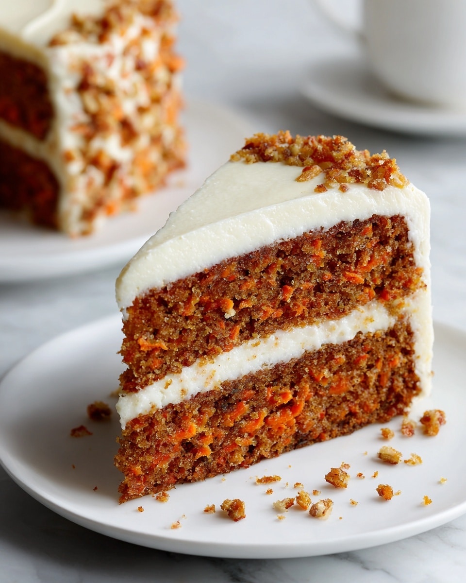 A slice of two-layer carrot cake sits on a white plate, each layer rich brown with visible small orange carrot pieces and textured crumbs. Between the cake layers is a thick, creamy white frosting that also covers the outside edges, with a soft, slightly swirled texture. Small crumbs have fallen around the slice on the plate. The background is a white marbled surface, bright and clean. photo taken with an iphone --ar 4:5 --v 7