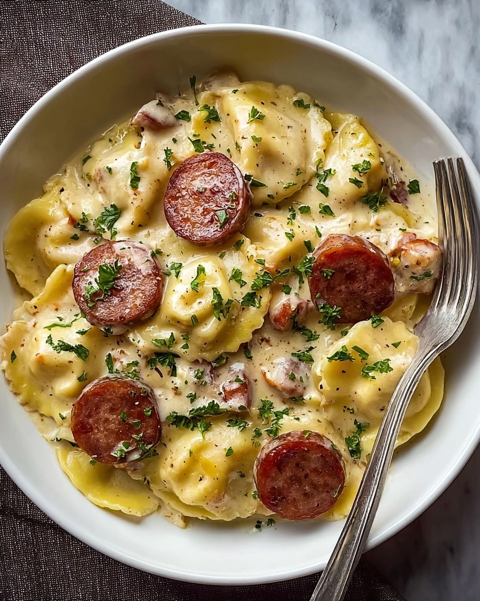 The dish is served in a white bowl filled with creamy sauce-coated ravioli that have a soft yellow color and slightly translucent edges. Scattered across the top are medium-thickness slices of browned sausage with a rich reddish-brown color and slightly crispy texture. The sauce looks smooth and creamy white with light golden spots, mixed with small bits of finely chopped herbs and vegetables. Fresh green parsley is sprinkled on top for color and freshness. A silver fork rests near the bowl on a white marbled surface, enhancing the presentation. photo taken with an iphone --ar 4:5 --v 7