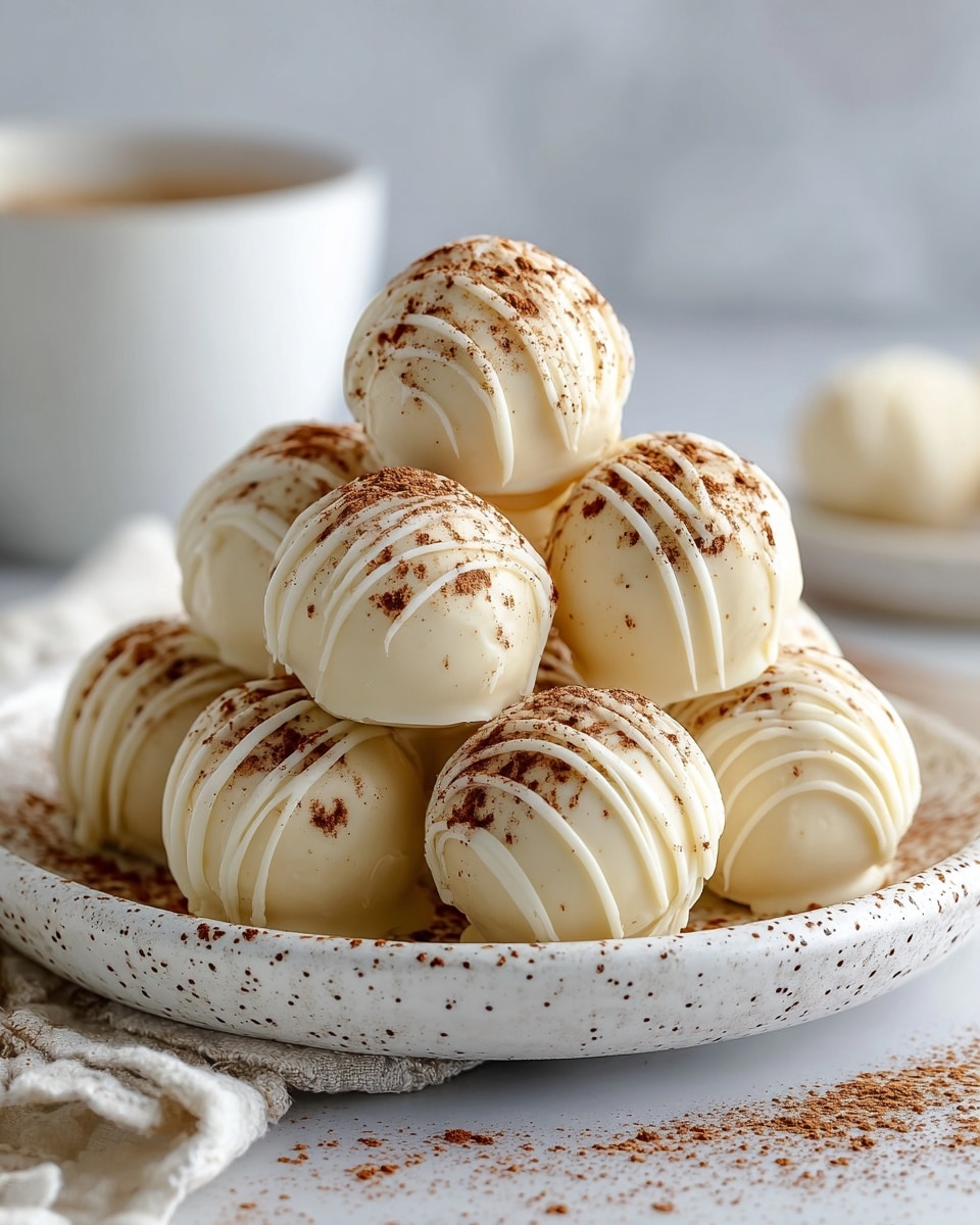 A white speckled plate full of smooth, round white chocolate truffles stacked in a small pile. Each truffle is covered in a creamy white chocolate layer with thin white chocolate drizzles on top. There is a light dusting of brown cocoa powder scattered unevenly over the truffles and plate. The plate sits on a white marbled textured surface with a blurred white bowl in the background. Photo taken with an iphone --ar 4:5 --v 7