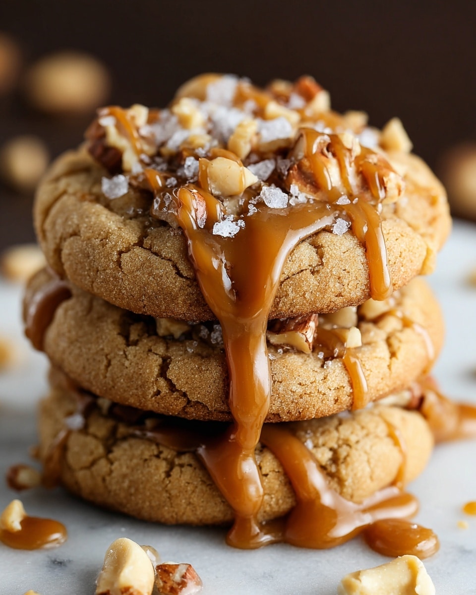 A stack of two thick, golden brown cookies with a slightly cracked surface sits on a white marbled texture. The cookies are topped with chopped nuts and coarse sea salt that add texture and a light crunch. Drizzled over the top and dripping down the sides is a glossy caramel sauce, creating shiny, smooth lines that contrast with the rough cookie surface. Small nut pieces are scattered around the base of the cookies, enhancing the rustic feel of the scene. photo taken with an iphone --ar 4:5 --v 7