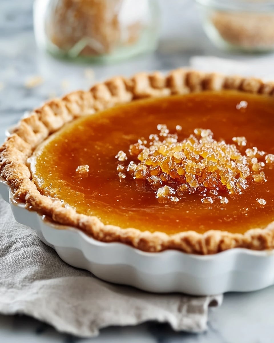 A close-up image of a pie in a white fluted pie dish, resting on a light cloth over a white marbled surface, with a golden-brown crust that is thick and crimped along the edges. The pie filling is a glossy amber color, smooth and shiny with a slightly translucent look, topped with a cluster of coarse sugar crystals that are light golden and sparkling in the light, scattered mainly in the center. The background is softly blurred, with a glass jar and a white container faintly visible behind. photo taken with an iphone --ar 4:5 --v 7