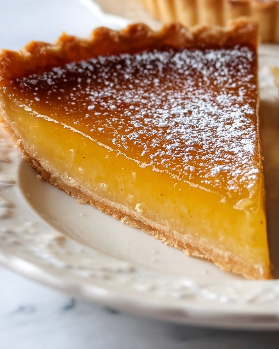 A close-up of a single slice of lemon tart on a white plate with delicate patterns, set against a white marbled texture. The tart has three main layers: a golden-brown flaky crust at the bottom, a thick, smooth, bright yellow lemon filling in the middle, and a shiny, slightly caramelized light brown glaze on top. The surface of the tart is lightly dusted with powdered sugar, adding a soft white contrast to the rich caramel color. The edges of the crust are crimped and crisp, framing the glossy lemon layer inside. Photo taken with an iphone --ar 4:5 --v 7
