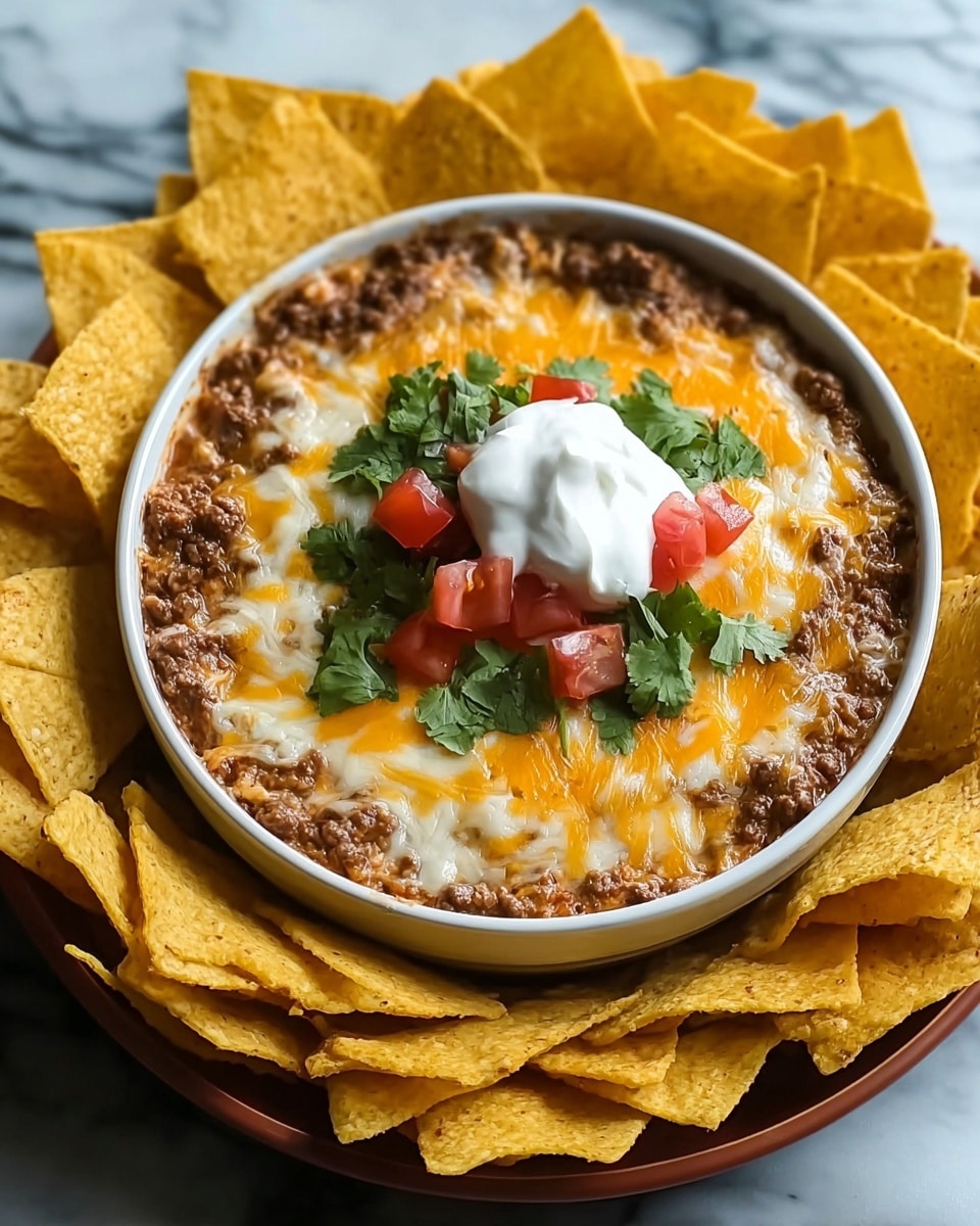 A round white bowl filled with a layered dip starting with a thick layer of ground meat mixed with corn, topped by a melted layer of orange and white cheese covering the middle area, then a dollop of white sour cream placed in the center. Fresh green cilantro leaves and small pieces of diced red tomato sit on top of the sour cream, adding a fresh touch. Around the edge of the bowl, a row of yellow tortilla chips sticks upright, fanning out and framing the dip. The bowl sits on a white marbled surface. Photo taken with an iphone --ar 4:5 --v 7