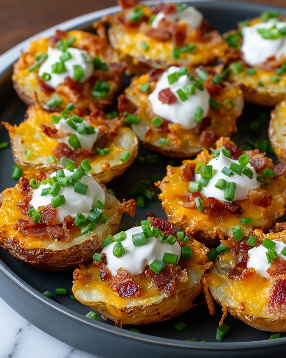 The image shows a round dark gray plate filled with crispy potato halves, arranged closely. Each potato half has three visible layers: a browned crispy potato base, a bright orange melted cheddar cheese layer on top, followed by small, crispy bacon bits scattered evenly. Each potato half is finished with a dollop of smooth white sour cream and sprinkled with vibrant green chopped chives. Additional chives are scattered on the plate, which rests on a white marbled surface. photo taken with an iphone --ar 4:5 --v 7