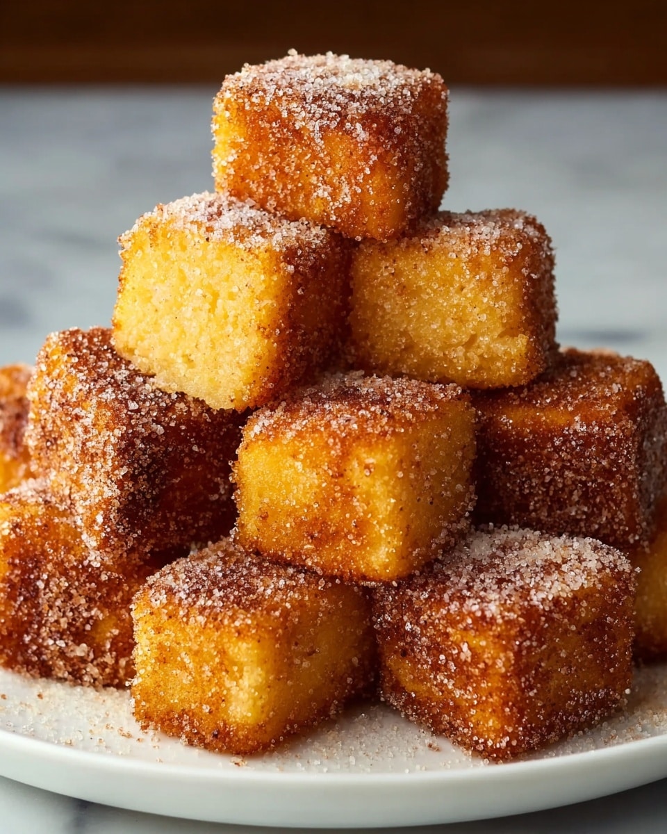 A close-up view of a white plate stacked with golden-brown cubes coated in a fine layer of sugar and cinnamon. Each cube has a crispy, slightly rough outer texture with a warm, toasted color, while the inner parts show a softer, light yellow shade. The cubes are piled high, creating a pyramid shape, and the sugar coating sparkles slightly under the light. The plate sits on a white marbled surface that adds a clean and simple background to highlight the rich tones of the fried cubes. photo taken with an iphone --ar 4:5 --v 7