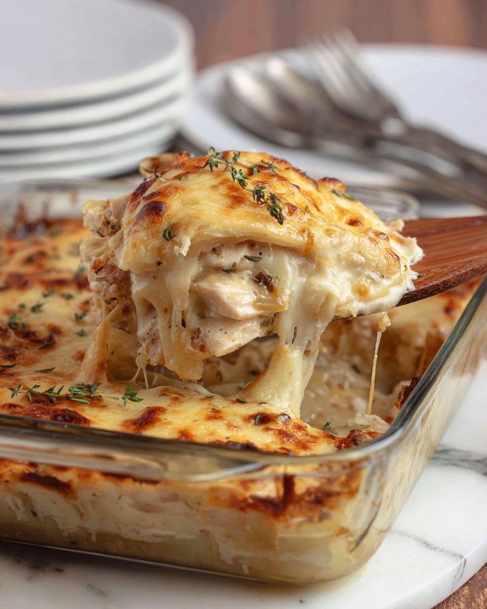 A glass baking dish filled with a cheesy layered casserole is shown, with a wooden spatula lifting one serving. The dish has several layers visible: the bottom layer is a creamy sauce with slices of cooked onions and chicken, topped by a thick layer of melted cheese that is golden brown and bubbly with small sprigs of thyme scattered on top. The cheese looks stringy and soft with browned spots, covering tender chicken pieces and translucent onions underneath. The scene is set on a white marbled surface, with blurred white plates and silver forks in the background. photo taken with an iphone --ar 4:5 --v 7