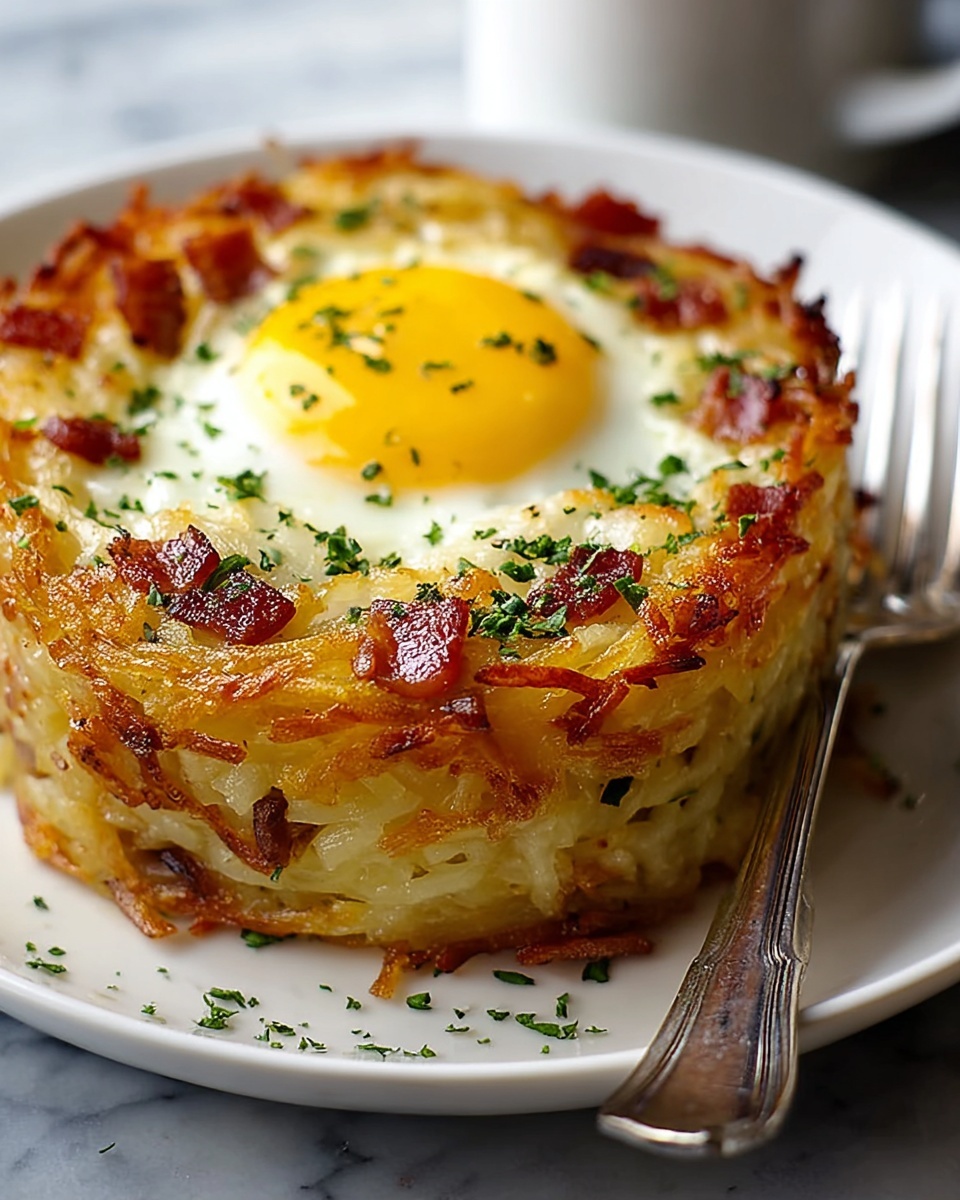 A thick square slice of a layered breakfast casserole sits on a white plate, with a fork resting beside it. The bottom layers consist of chunky bits with reddish tones, likely bacon or ham, mixed with a creamy yellowish layer, possibly cheese or potatoes. The top layer is an egg cooked sunny-side-up with a bright, glossy orange yolk and a white that is slightly crispy and browned at the edges. Small green chopped herbs and fresh sprigs are scattered on top, adding a fresh contrast to the rich colors of the dish. The plate is placed on a white marbled texture. Photo taken with an iphone --ar 4:5 --v 7
