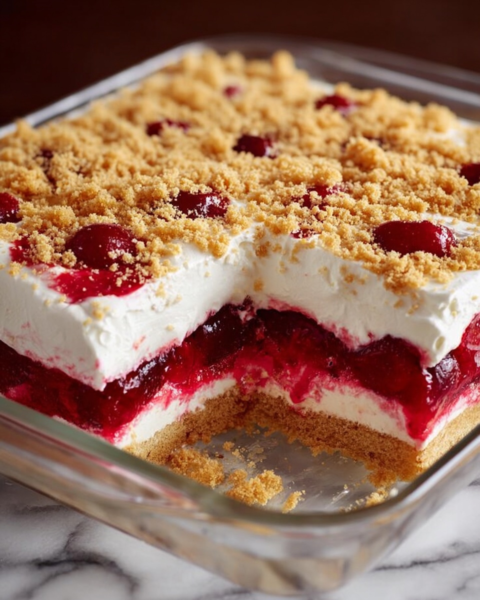 The image shows a square glass dish with a dessert inside placed on a white marbled surface. The dessert has four layers starting with a thick light brown crumbly base layer. Above that is a thick white creamy layer, followed by a bright red cherry layer with whole cherries visible. On top of the cherry layer is another thick white creamy layer, all covered with a top layer of crumbled light brown crumbs. A section of the dessert is missing, showing the distinct layers clearly. photo taken with an iphone --ar 4:5 --v 7