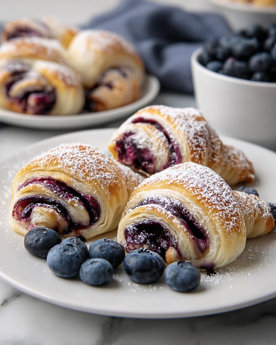 The image shows a white plate with four crescent-shaped pastries that have layers of golden-brown dough and dark purple blueberry filling swirled inside. The tops of the pastries are lightly dusted with white powdered sugar. Around the pastries, fresh whole blueberries are scattered, adding a pop of blue color. In the soft-focused background, there is another white plate with more pastries and bowls filled with blueberries. The whole scene rests on a white marbled surface. photo taken with an iphone --ar 4:5 --v 7