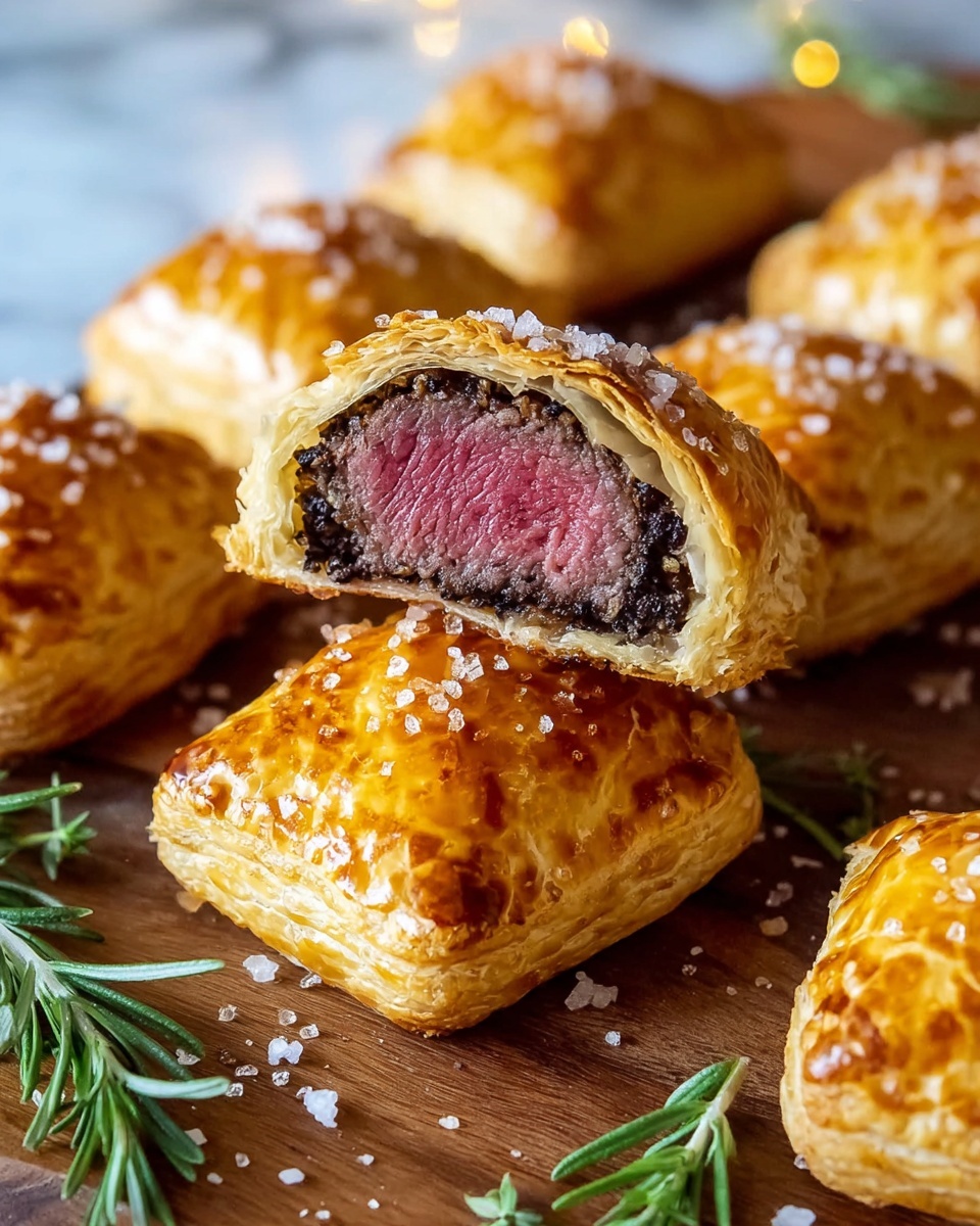 The image shows a close-up of several golden-brown pastries with a shiny, flaky crust sprinkled with coarse salt on top. One pastry is cut open and placed on top of another, revealing a thick piece of medium-rare pink meat surrounded by a dark layer of mushroom duxelles inside the light, flaky pastry. The pastries are arranged on a wooden board with sprigs of fresh green rosemary scattered around, all set on a white marbled surface. photo taken with an iphone --ar 4:5 --v 7