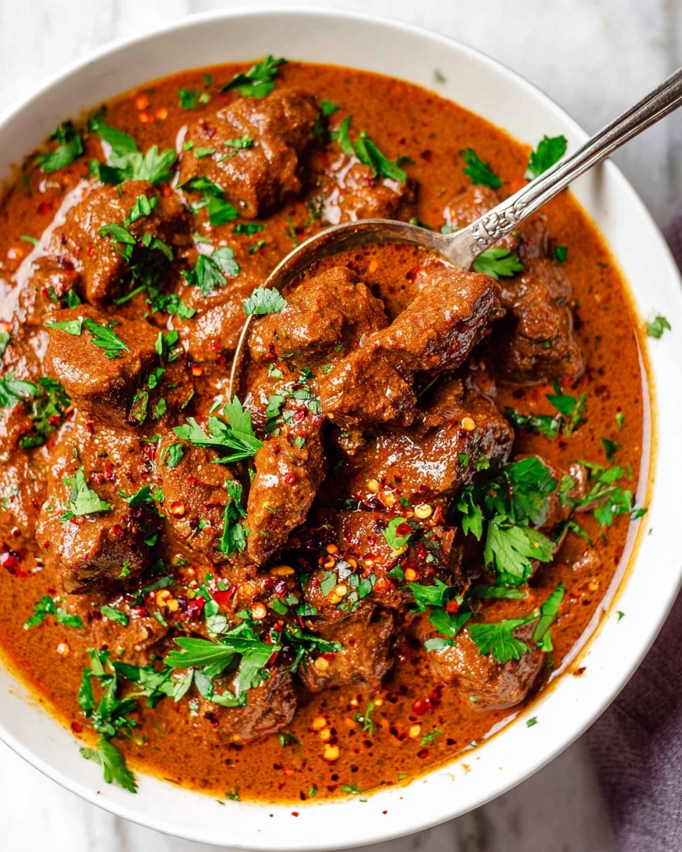 The image shows a white bowl full of rich, thick stew with many chunks of brown meat coated in a smooth, reddish-brown sauce. The stew is garnished generously with fresh green parsley leaves scattered on top, adding a bright contrast. There is also a sprinkle of red pepper flakes spread across the dish, giving it a slightly speckled look. A spoon in the bowl holds a few pieces of the meat and sauce, with some parsley on top, ready to eat. The bowl rests on a white marbled surface. photo taken with an iphone --ar 4:5 --v 7