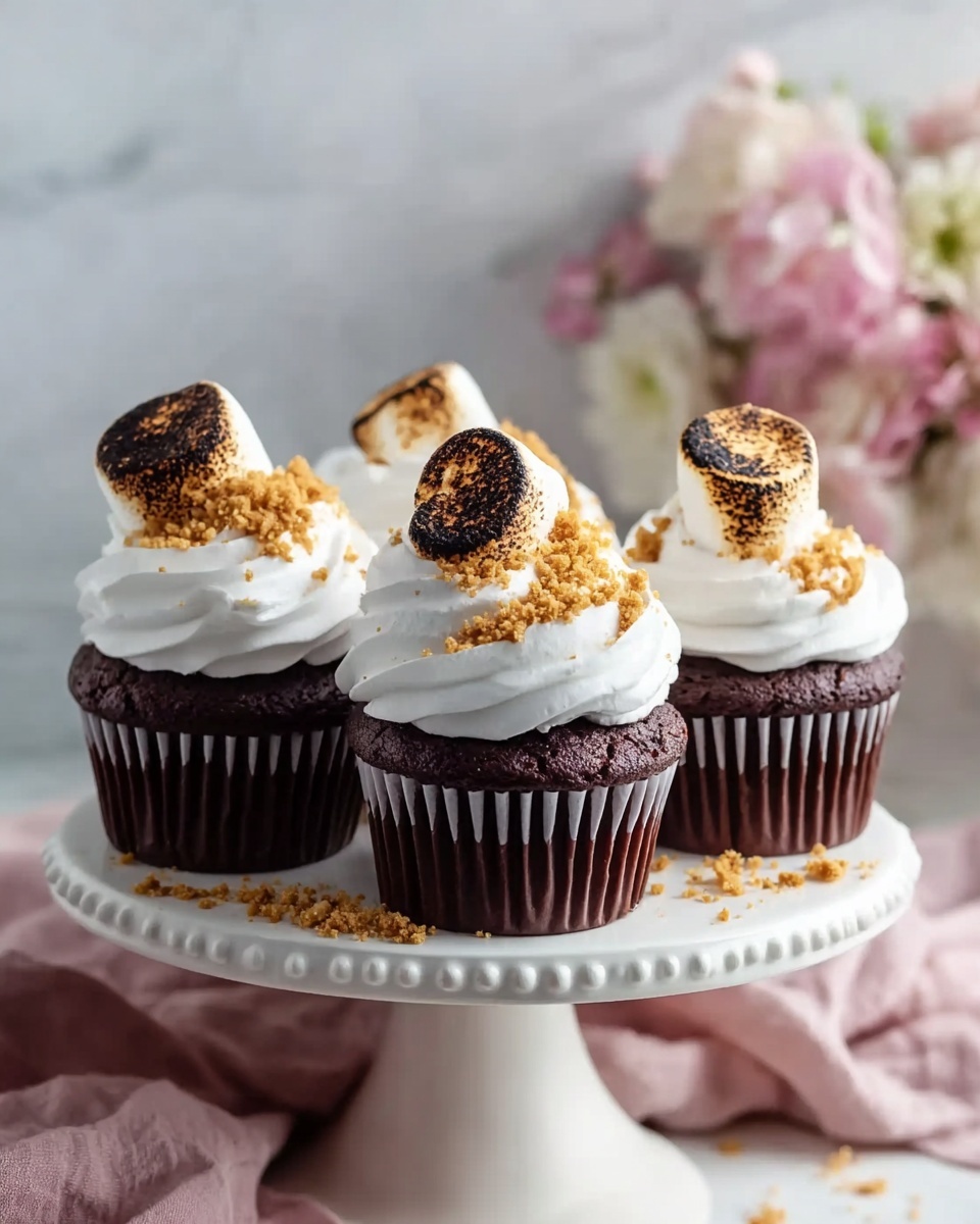 Four dark brown chocolate cupcakes sit upright on a round white cake stand with small raised dots along the edge. Each cupcake is topped with a thick swirl of white whipped frosting that has a soft, smooth texture. On top of each swirl, two toasted marshmallows with a golden-brown charred surface lean against each other. Crumbled golden-brown biscuit crumbs are sprinkled over the frosting and the cake stand’s surface. The background shows out-of-focus soft pink and white flower blooms against a white marbled surface, with a pale pink cloth draped beneath the cake stand. photo taken with an iphone --ar 4:5 --v 7
