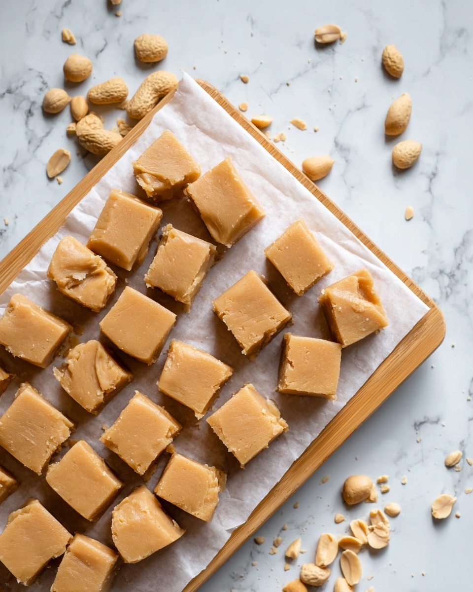 A close-up view of light brown fudge squares arranged neatly on a white marbled surface, showing a smooth and slightly crumbly texture with tiny cracks on the top of each square. A few pieces are turned or tilted, exposing their soft and dense inside. The fudge pieces are arranged in tight rows, filling the entire frame evenly. Photo taken with an iphone --ar 4:5 --v 7