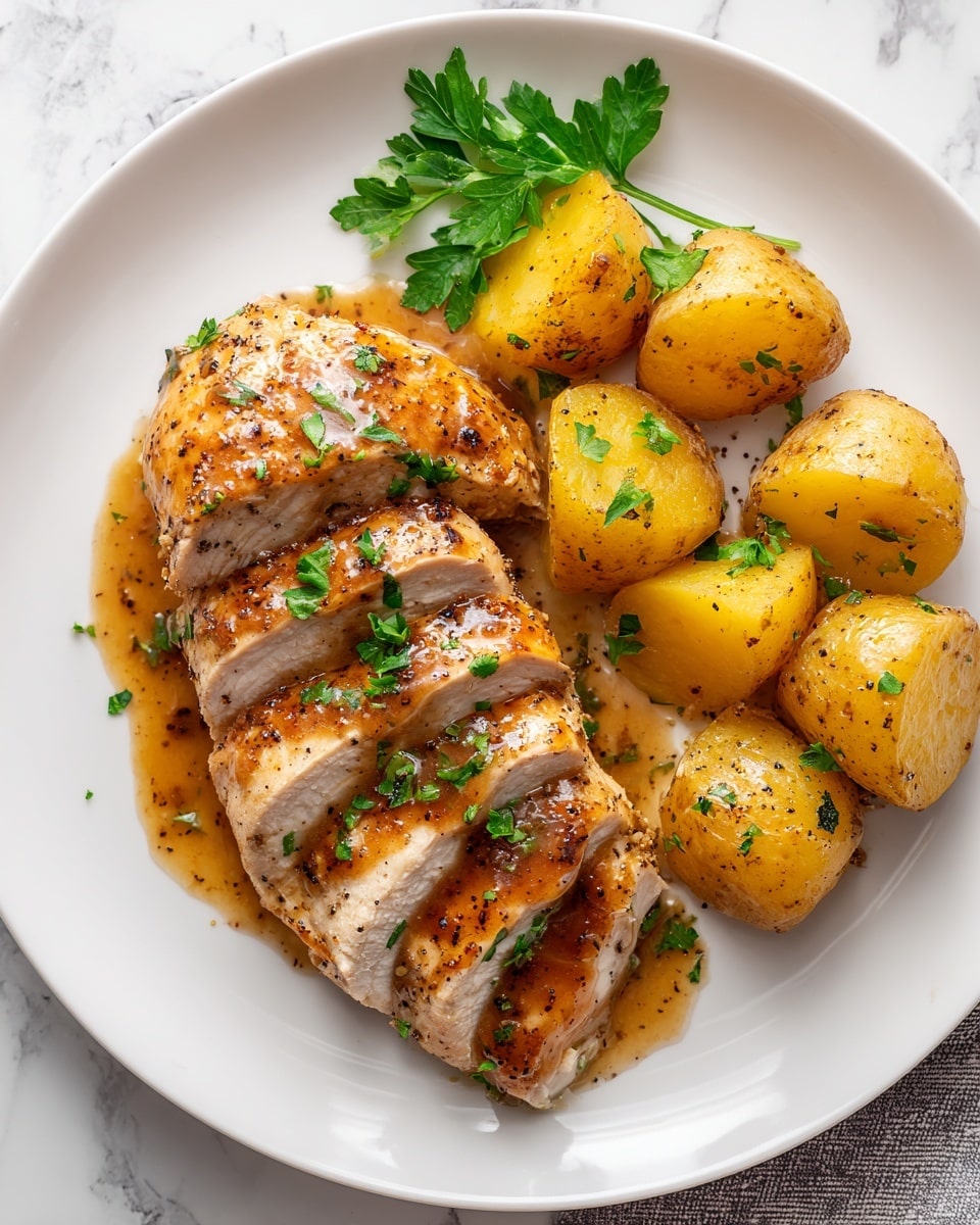 A white plate holds a golden-brown cooked chicken breast, sliced into three thick pieces showing the juicy white meat inside, with a glossy, slightly sticky sauce coating the top layer. Next to the chicken are several small, halved yellow potatoes seasoned with black pepper. The dish is garnished with fresh green parsley placed near the top edge of the plate. The scene is set on a white marbled surface. photo taken with an iphone --ar 4:5 --v 7