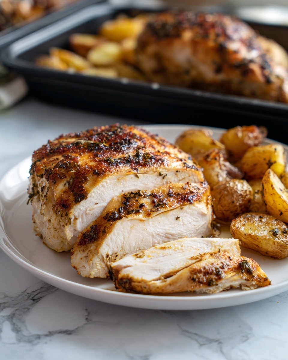 The image shows a white plate with a thick piece of cooked chicken breast in the center, cut into several slices revealing a juicy, white inside with a golden-brown, slightly crispy seasoned skin on top. To the right side of the chicken, there are small roasted potato pieces with a light brown color and a shiny, slightly oily texture. In the background, there is a black tray with another piece of cooked chicken and more potatoes, all set on a white marbled surface. The focus is on the chicken close to the camera, highlighting its texture and golden crust. Photo taken with an iphone --ar 4:5 --v 7