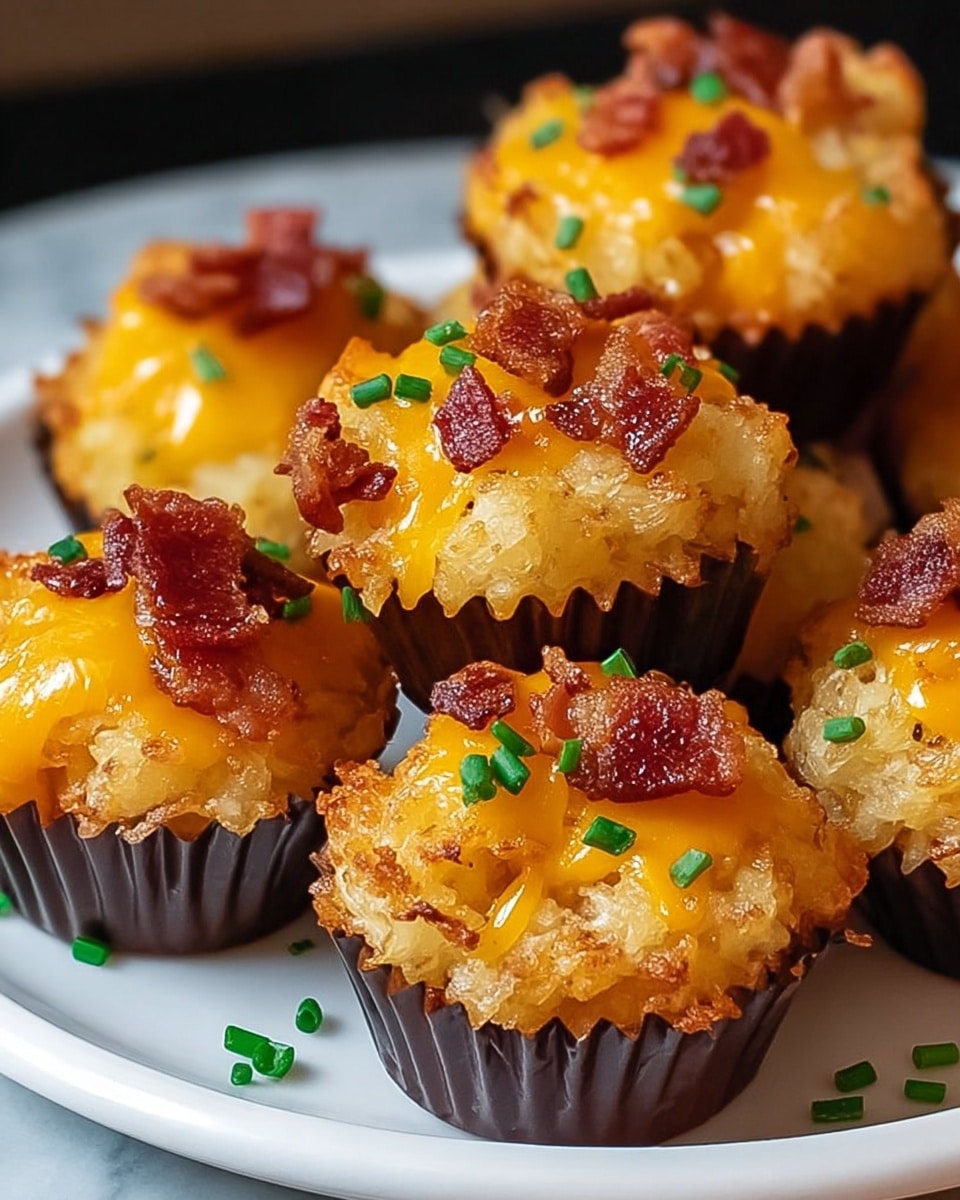 Small golden brown tater tot bites sit in dark brown cupcake liners arranged on a white plate, each topped with a shiny melted orange cheddar cheese layer, crispy small pieces of reddish-brown bacon, and bits of green chopped chives scattered on top. The white plate rests on a white marbled surface, and the image is close up, showing the crispy and soft texture of the bites. photo taken with an iphone --ar 4:5 --v 7