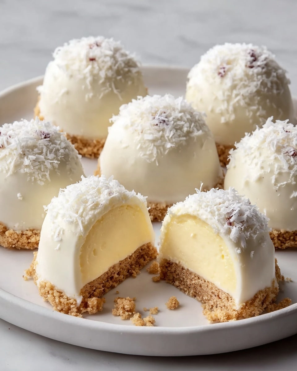 The image shows several small dome-shaped desserts arranged on a white plate. Each dessert has three layers: a light brown crumbly base at the bottom, a smooth pale yellow creamy middle layer, and a white coating on the outside sprinkled evenly with fine white flakes. One dessert is cut in half, revealing the thick creamy center and the crumbly base beneath it. The plate sits on a white marbled surface, and the desserts look soft and creamy with a slightly textured topping. photo taken with an iphone --ar 4:5 --v 7