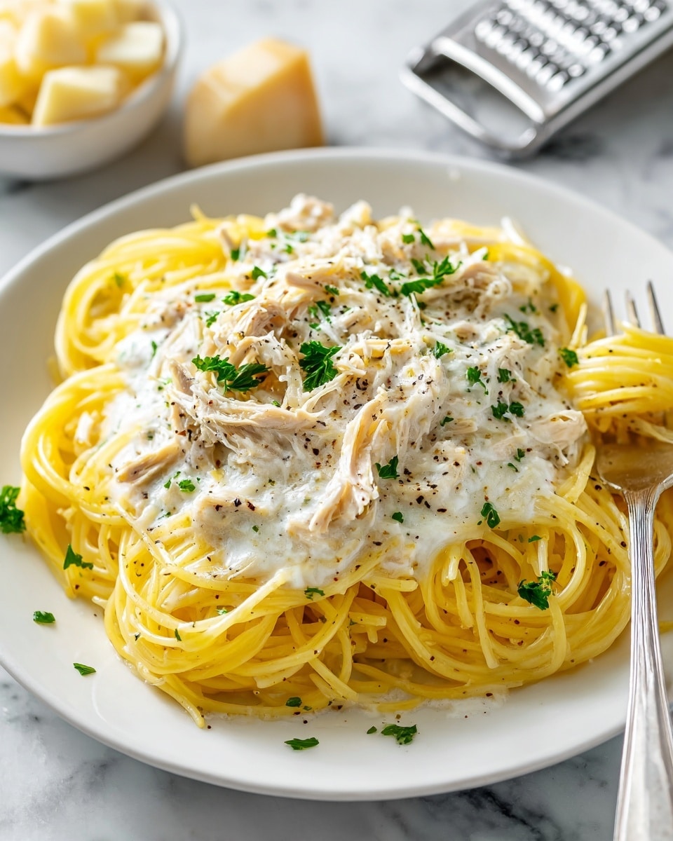 A close-up view of a dish showing a single golden brown grilled chicken breast placed on top of a bed of thin spaghetti noodles. The spaghetti is coated generously with a creamy white Alfredo sauce that looks smooth and rich. The sauce has small black pepper specks and is garnished with small pieces of fresh green parsley scattered across the top. A silver fork twirls a neat bundle of spaghetti near the chicken, showing the pasta's soft texture and creamy coating. The background is a white marbled surface, enhancing the colors of the food. photo taken with an iphone --ar 4:5 --v 7