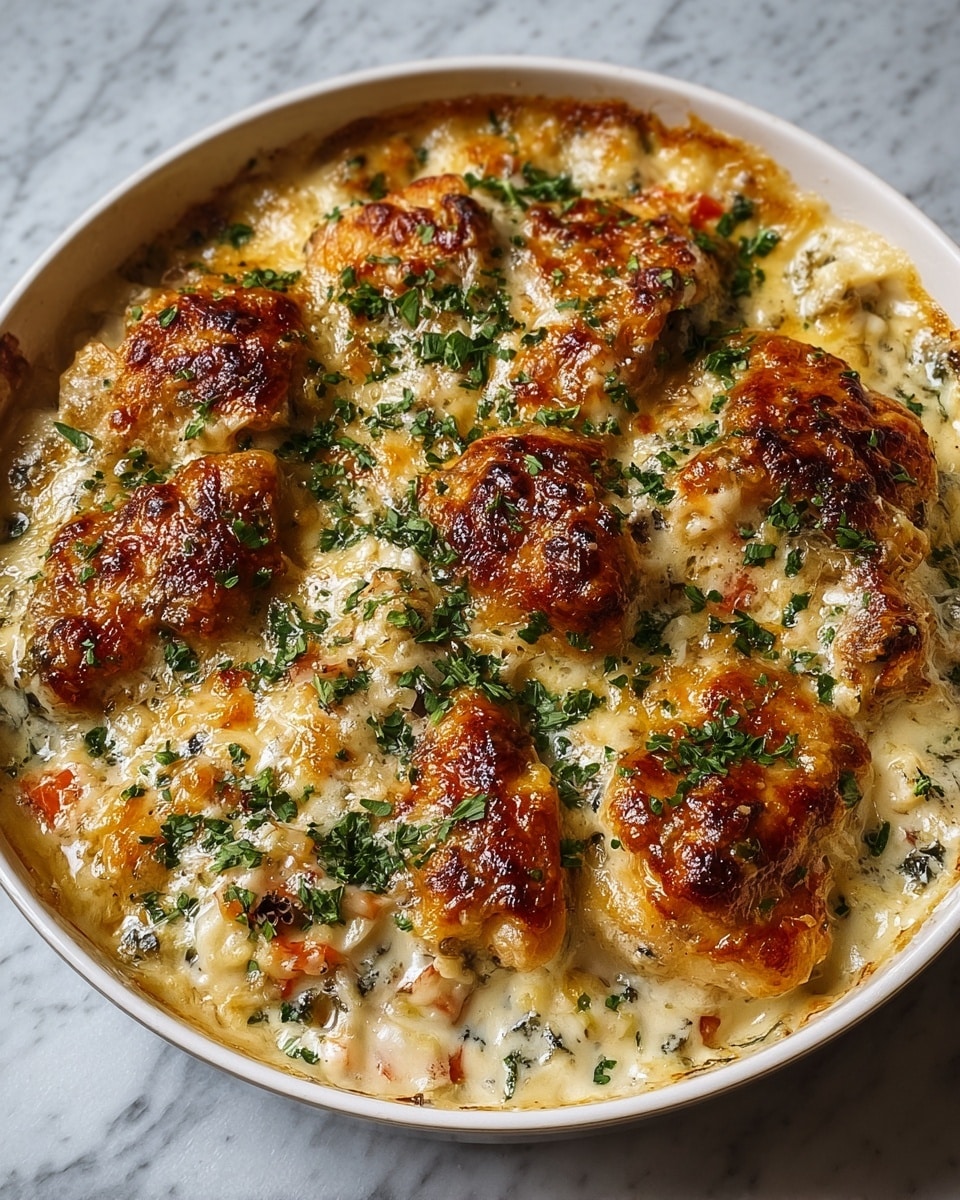A white round dish filled with a creamy baked chicken casserole, featuring golden brown, crispy chicken pieces on top with a slightly charred texture. The creamy sauce beneath is thick and rich white with bits of green herbs and small chunks of orange vegetables mixed throughout. The dish looks bubbling and hot, with sprinkles of fresh chopped parsley giving it a fresh touch. The white round dish rests on a white marbled surface photo taken with an iphone --ar 4:5 --v 7