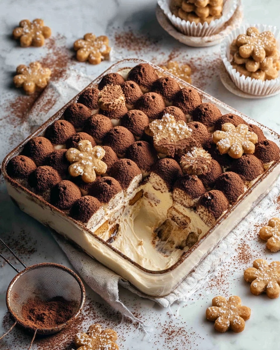 The image shows a square glass dish filled with a layered dessert, with one large square portion removed from the bottom right corner, revealing creamy, light beige filling with a smooth texture. The top layer in the dish is made of dark brown dollops of cocoa-dusted cream arranged tightly in rows, alternating with flower-shaped beige cookies sprinkled with sugar crystals on top. The dessert is set on a white marbled surface, surrounded by more flower-shaped beige cookies scattered around, some stacked in white paper liners, and a small mesh sieve with cocoa powder resting on a white cloth underneath the dish. Photo taken with an iphone --ar 4:5 --v 7